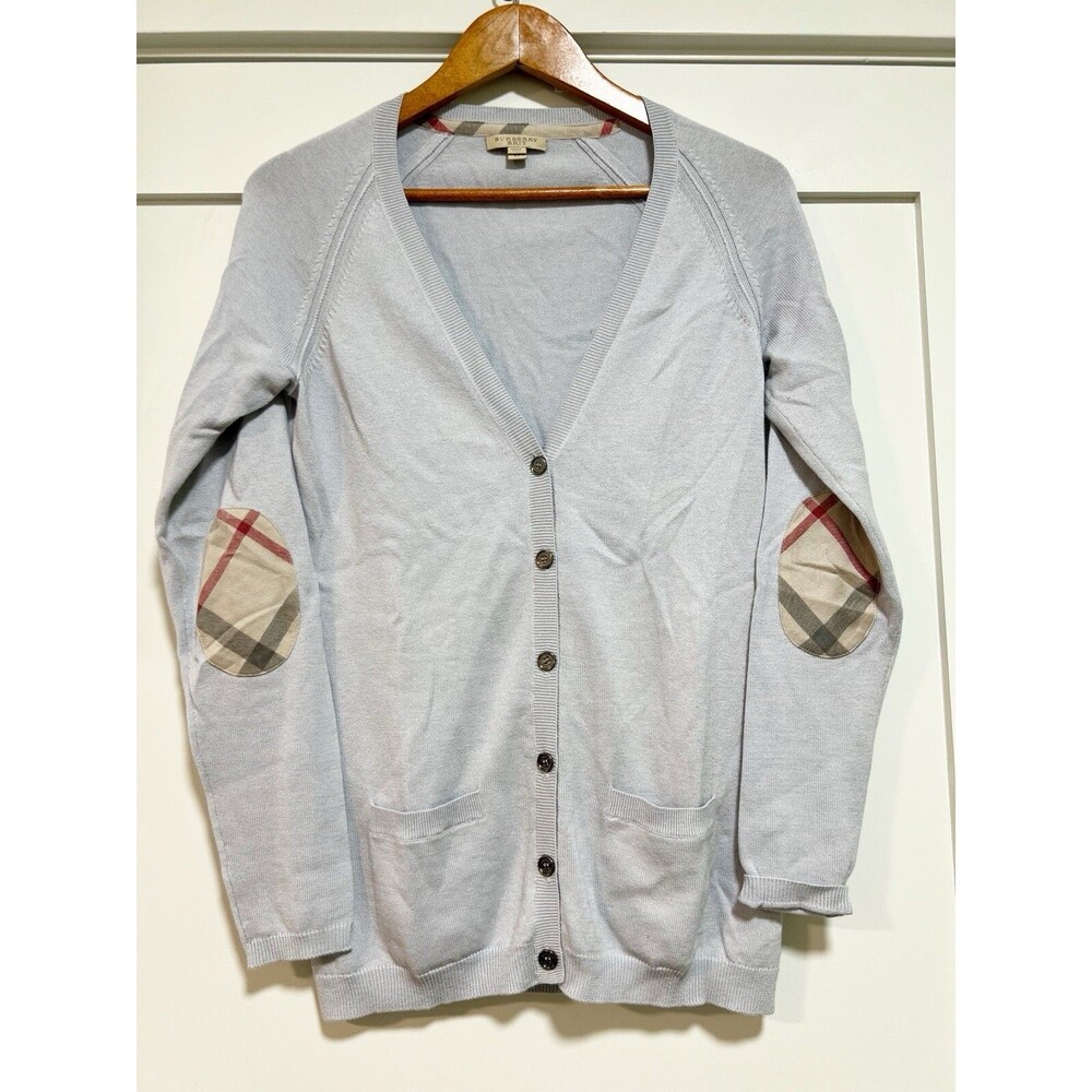 Burberry Nova Check Cardigan Sweater Cashmere Blend Elbow Patches Sky Blue